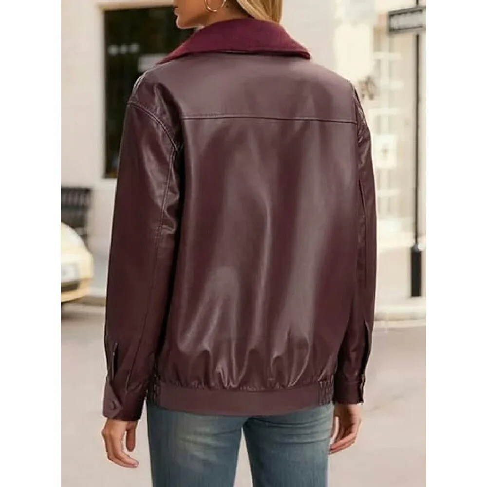 Oversized Faux Leather Motorcycle Jacket Women's Windproof Bomber